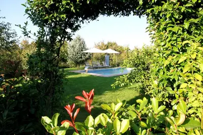 a garden with a pool and a table and umbrella at Bizim Ev in Sapanca