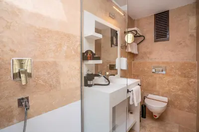 a bathroom with a shower and a sink and a toilet at PASHA PALACE HOTEL in Istanbul