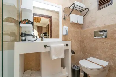 a bathroom with a toilet and a sink and a mirror at PASHA PALACE HOTEL in Istanbul