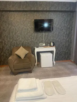 a living room with a chair and a tv on a wall at Ufuk Hotel in Istanbul