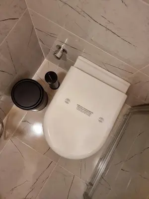 a white toilet in a bathroom with two trash cans at HaciBayramApart in Istanbul