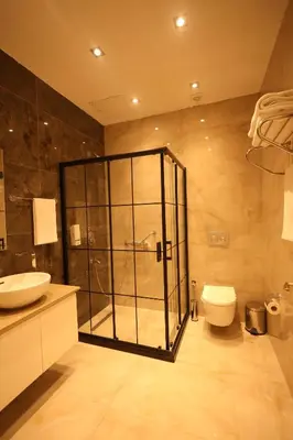a bathroom with a glass shower and a toilet at Green Roof Boutique Hotel & SPA Istanbul Airport in Terkos