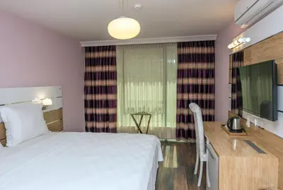 a hotel room with a bed and a desk and a television at TOK EPİK HOTEL in Bursa
