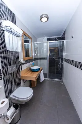 a bathroom with a shower and a toilet and a sink at TOK EPİK HOTEL in Bursa