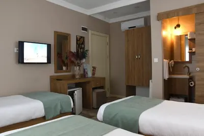 a hotel room with two beds and a television at Cibali Hotel Istanbul in Istanbul