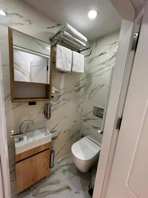 a bathroom with a toilet and a sink and a mirror at Adgsuites in Istanbul