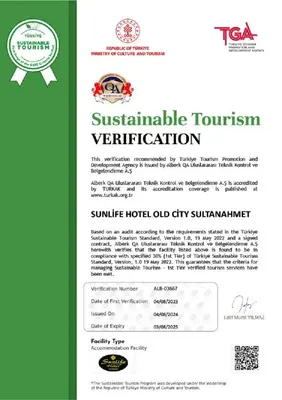 a permit for a sustainable tourism verification document at Sunlife Oldcity in Istanbul