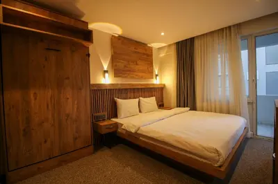 a bedroom with a bed with a wooden wall at Kaya Hotel SAW in Istanbul