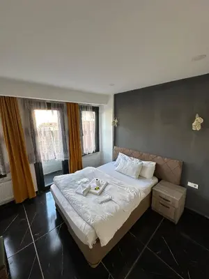 a bedroom with a large bed with two dishes on it at happy apart hotel istanbul in Istanbul