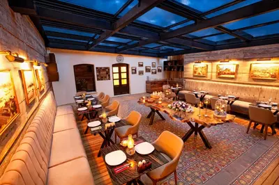 an overhead view of a restaurant with tables and chairs at Hotel Miniature Istanbul in Istanbul