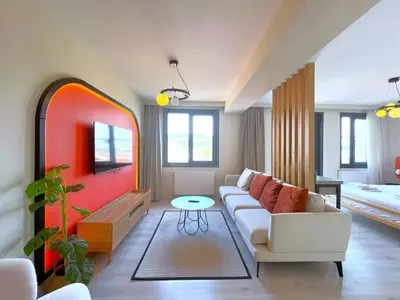 a living room with a couch and a mirror at Flex Ortakoy in Istanbul