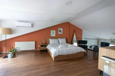 a bedroom with a large bed with an orange wall at Bright Loft with 3 bedrooms and terrace in Galata in Istanbul