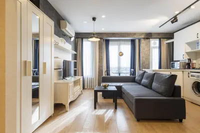 a living room with a gray couch and a kitchen at The Business Class Suit Karakoy in Istanbul