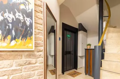a hallway with a black door and a painting on the wall at APARTMENTS BAKRAC 26 in Istanbul