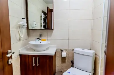 a bathroom with a sink and a toilet and a mirror at City Hall Apart Hotel Sultanahmet in Istanbul