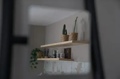 a shelf with potted plants on it in a mirror at Mood in Flats in Istanbul