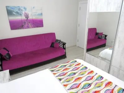a living room with a purple couch and a mirror at Istanberry - Paradise Two Bedroom Apartments in Istanbul