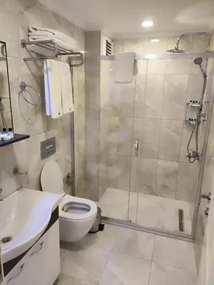 a bathroom with a shower and a toilet and a sink at Hotel Esve Istanbul in Istanbul