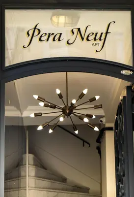 a store window with a pnea new art sign at Pera Neuf in Istanbul