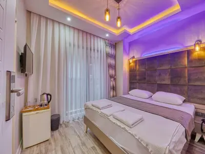 a bedroom with a large bed with a purple ceiling at GALATAGREENAPPLEHOTEL in Istanbul