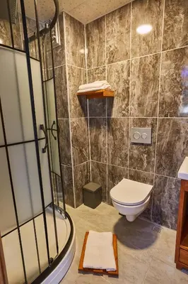 a bathroom with a toilet and a shower at Sabina Hotel near Grand Bazaar, city center in Istanbul