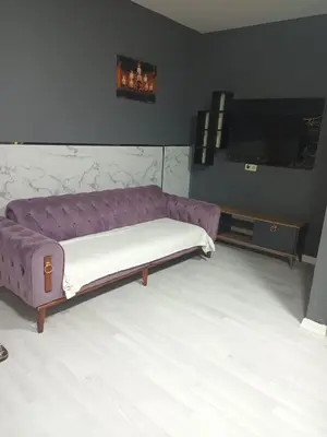 a purple couch in a living room with a tv at Rena Apart Hotel in Istanbul