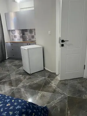 a kitchen with a white refrigerator and a door at Zerya suites in Istanbul