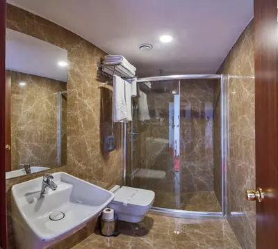 a bathroom with a sink and a shower and a toilet at Escardin hotel in Istanbul