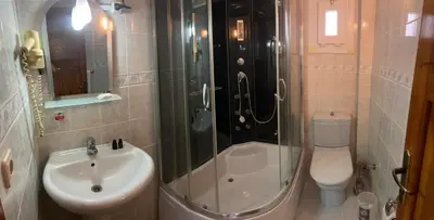 a bathroom with a shower and a sink and a toilet at SANCAK HOTEL in Buyukcekmece