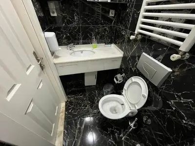 a black and white bathroom with a toilet and a sink at Gulhane Hotel Old City in Istanbul