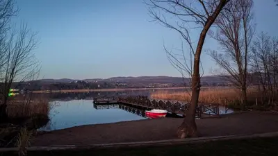 a lake with a dock and a boat on the water at Vital Göl Sapanca Özel Havuzlu Bungalov & Villa in Sapanca