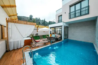 a house with a swimming pool in the backyard at Luxon Sapanca Family Villas in Sakarya