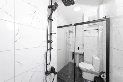 a white bathroom with a shower and a toilet at Leyla palas in Istanbul