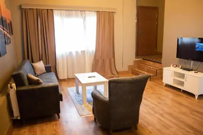 a living room with a couch and chairs and a television at The Hera Hotels in Istanbul