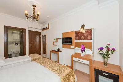 a bedroom with a large bed and a fireplace at Raimond Hotel in Istanbul
