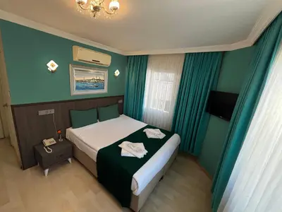 a bedroom with a bed with green walls and a television at Le Safran in Istanbul