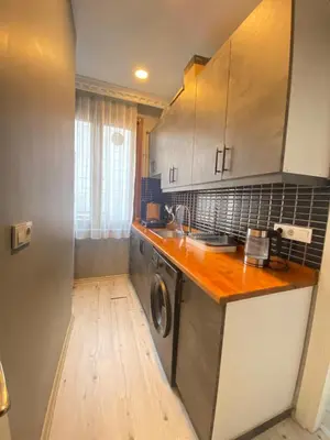 a kitchen with a washing machine and a wooden floor at Historical comfy flat in Beyoğlu tophane, galata in Istanbul