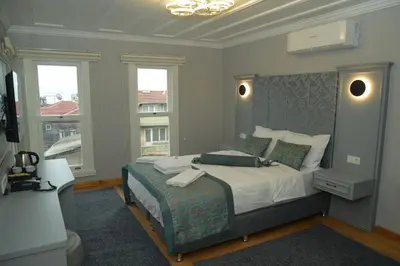 a bedroom with a bed and two windows at CK SULTANAHMET HOTEL in Istanbul