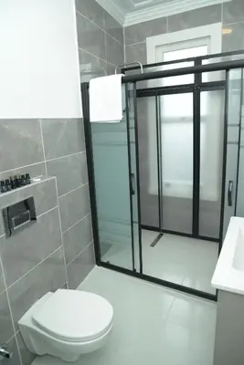a bathroom with a toilet and a glass shower door at CK SULTANAHMET HOTEL in Istanbul