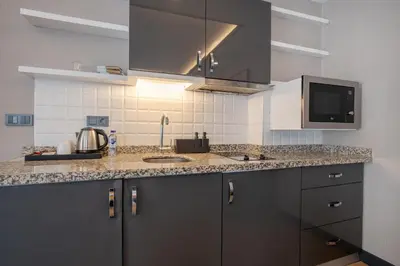 a kitchen counter with a sink and a microwave at The Row Suites Taksim in Istanbul