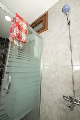 a shower with a glass door in a bathroom at Historical Levantine Flat @Heart of Taksim in Istanbul