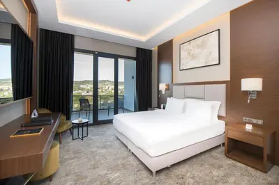 a hotel room with a bed and a desk at Crowne Plaza Yalova by IHG in Yalova