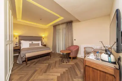 a hotel room with a bed and a desk at Hotel Morione & Spa Center in Istanbul