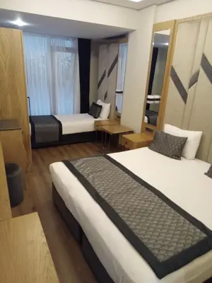 a hotel room with two beds and a mirror at Sultanahmet Newport Hotel in Istanbul