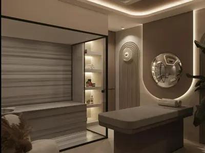 a bathroom with a bench and a mirror at Karamürsel Mohti Otel Fitness Organizasyon in Karamusal