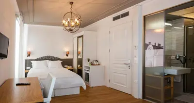 a bedroom with a bed and a desk and a sink at Pino Verde Hotel in Istanbul