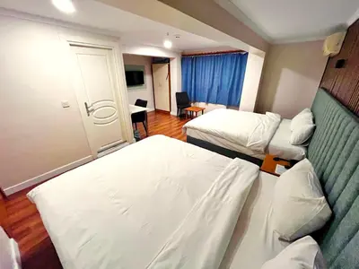 a hotel room with two beds and a desk at Naila Hotel in Istanbul