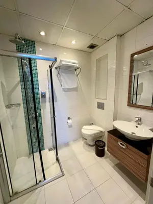 a bathroom with a shower and a toilet and a sink at Elite Marmara Express Otel in Istanbul