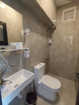 a bathroom with a white toilet and a sink at Öz Dünya Hotel in Istanbul