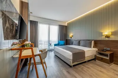 a hotel room with a bed and a desk at Ezkar Bathonea Art İstanbul Hotel in Avcılar
